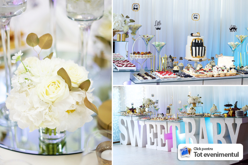 decoratiuni candy bar pentru botez baietel cu aranjamente florale din hortensia si bujori albi